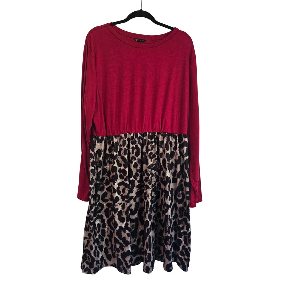 😀Shein Curve Red Leopard Print Long Sleeve‎ Mini Dress Plus Size 3XL Colorblock